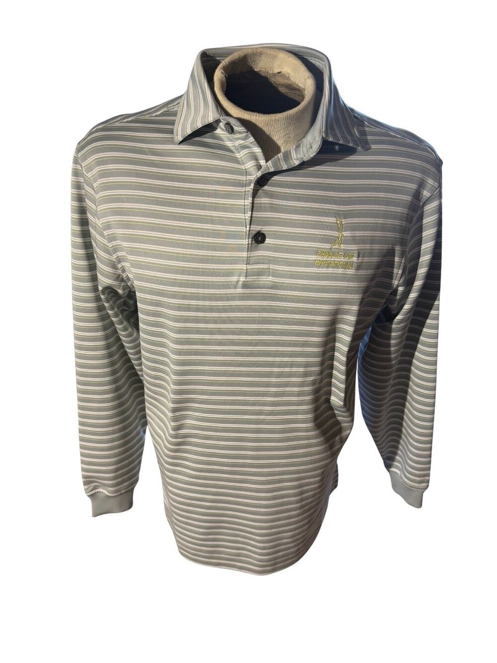 FootJoy Golf Polo Shirt S Gray Stripe Charlie Coe Invitational Long Sleeve FJ